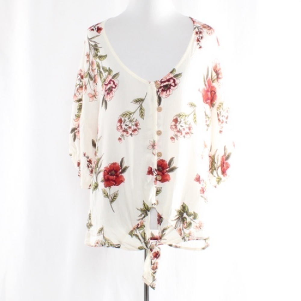 M. Fasis Womens Plus Sz 3X Floral Blouse Button Front Tie Front White Red Floral